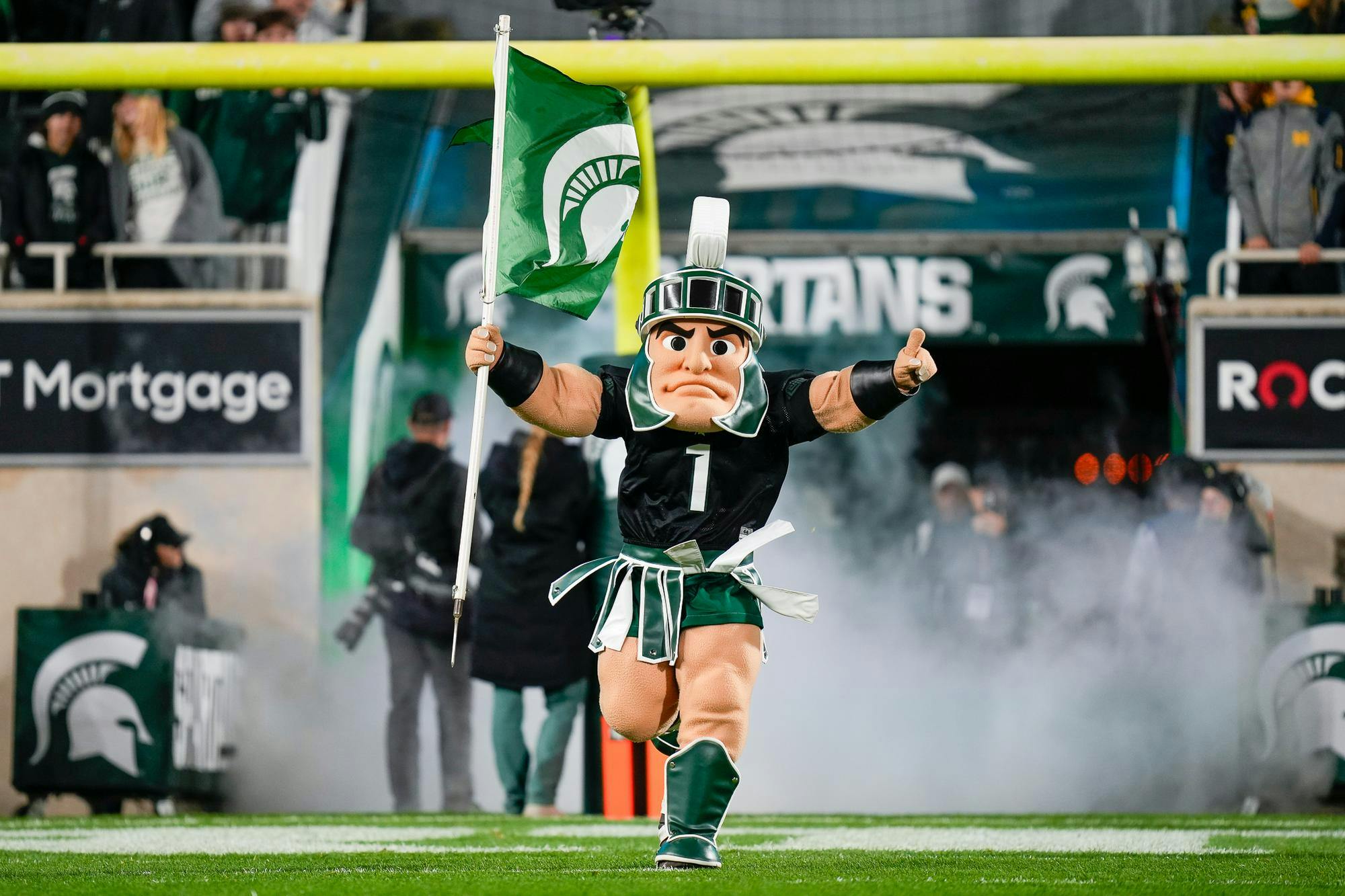 <p>MSU mascot Sparty running onto the field before a game against University of Michigan at Spartan Stadium on Oct. 21, 2023.</p>