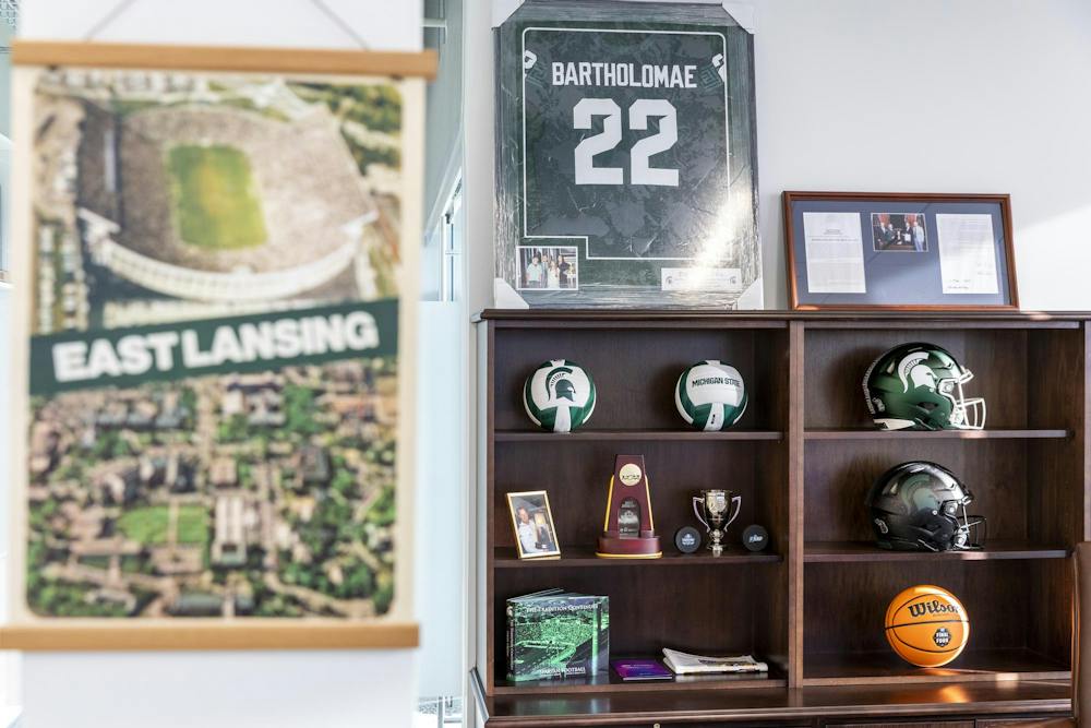 <p>Michigan State athletic director Dan Bartholomae's office is decorated with spartan gear in East Lansing, Mich., on Wednesday, Oct. 7, 2026.</p>