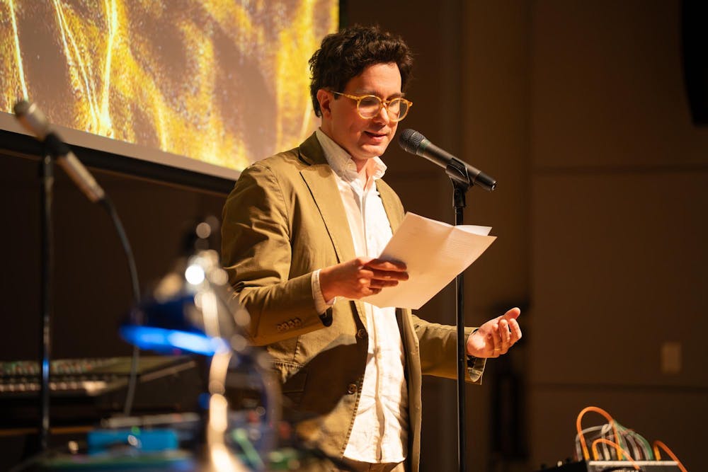 <p>Toby Altman, director of Michigan State University’s Center for Poetry, introduces poet Dennis Hinrichsen and discusses his work during the opening of the Residential College in the Arts and Humanities’ event for Dennis Hinrichsen in East Lansing, Mich., on Feb. 25, 2026.</p>