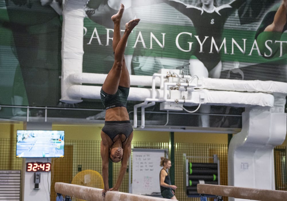 Freshman all-around competitor Nikki Smith at practice on Friday, March 24, 2023 - one week before the Spartans travel to Pittsburgh, Pa for the second round of the NCAA Regionals tournament. 