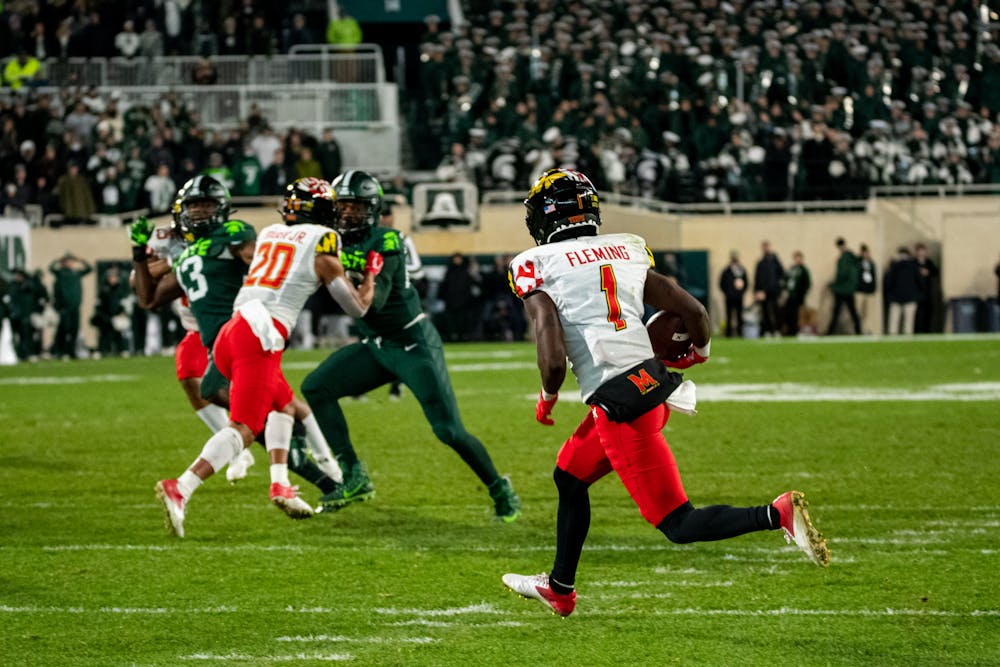 <p>Maryland&#x27;s freshman wide receiver Marcus Fleming runs the ball towards the endzone during Michigan State&#x27;s victory on Nov. 13, 2021.</p>
