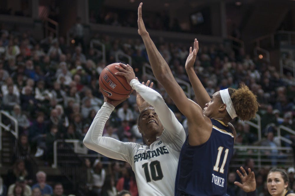 Senior guard Branndais Agee (10) attempts a shot during the game against Notre Dame on Dec. 20, 2016 at Breslin Center. The Fighting Irish defeated the Spartans, 79-61. 