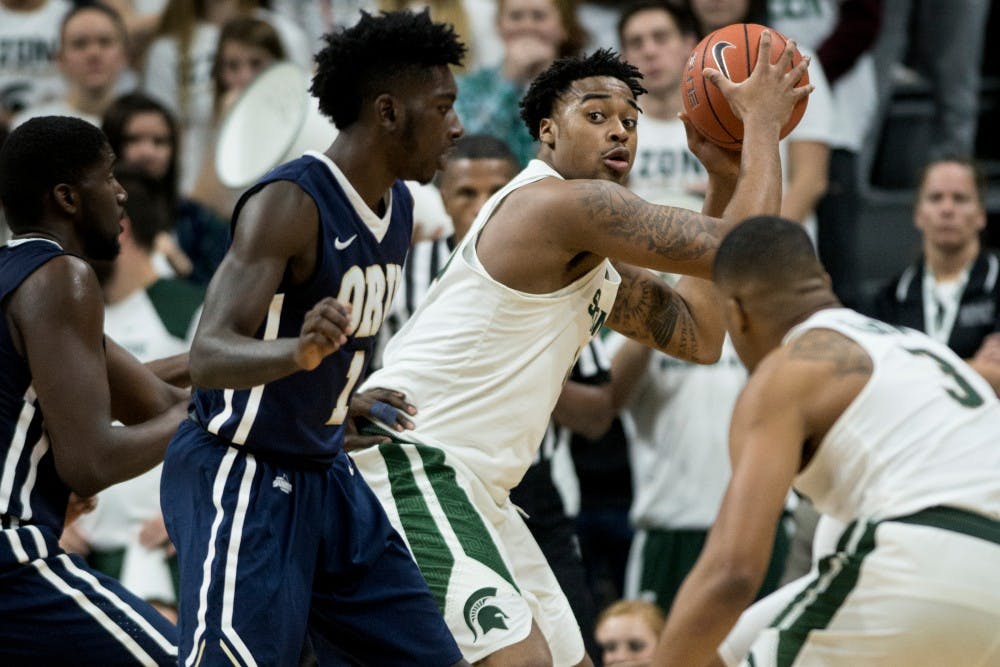 Freshman forward Nick Ward (44) looks to pass during the second half of the game against Oral Roberts on Dec. 3, 2016 at Breslin Center. The Spartans defeated the Golden Eagles, 80-76. 