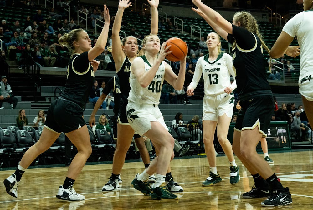 <p>Redshirt Junior guard Julia Ayrault (40) tries to shoot the ball at the game against Oakland at the Breslin Center on Nov. 15, 2022. The Spartans defeated the Grizzlies 85-39. </p>