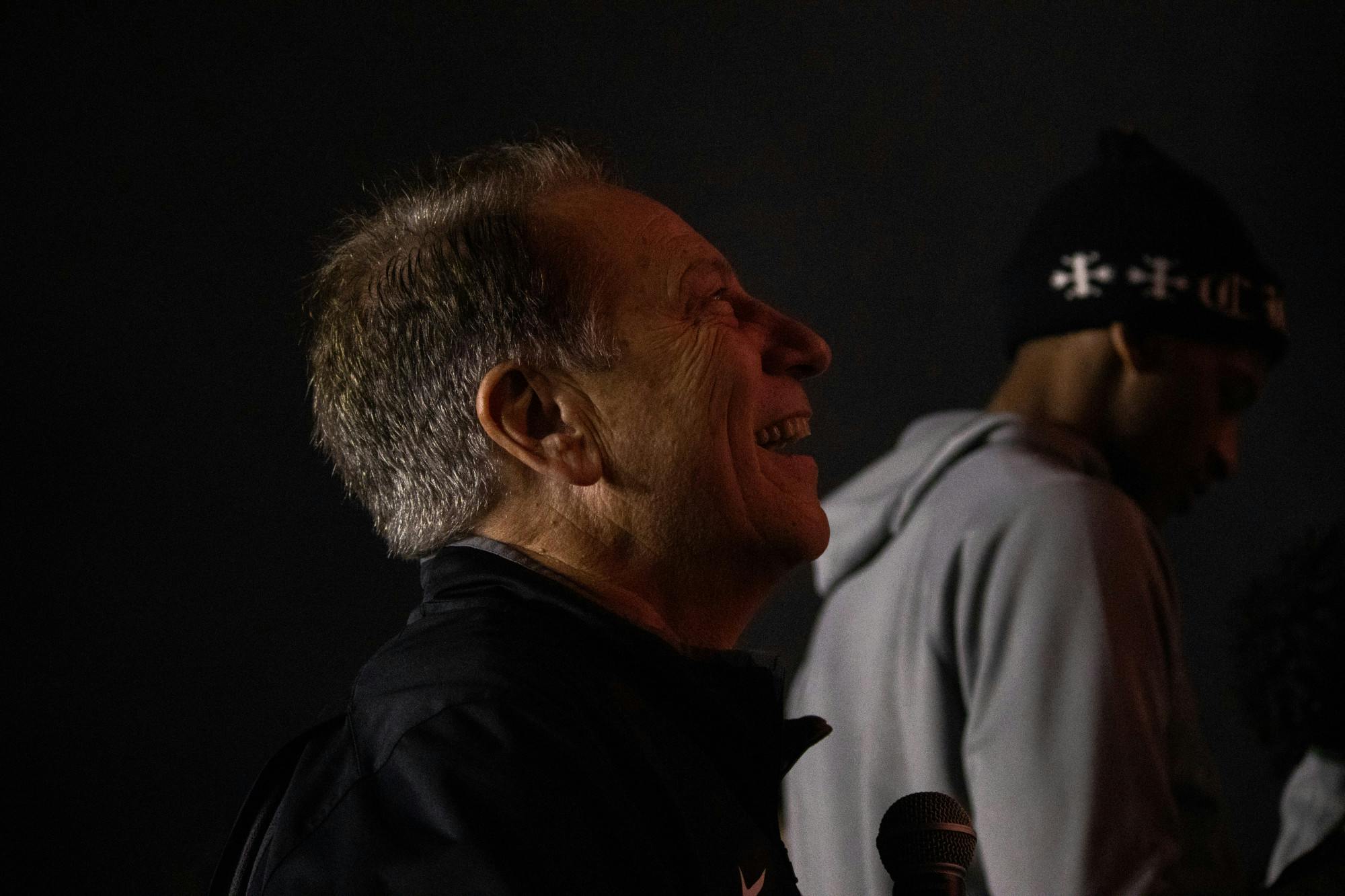 <p>MSU men&#x27;s basketball head coach Tom Izzo watches the firework show at the Izzone Campout held at Munn Field on Oct. 15, 2021.</p>