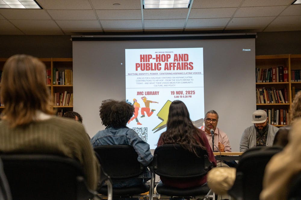 Panelists speak during the Hip Hop and Public Affairs series highlighting Hispanic and Latinx voices in Case Hall, Wednesday, Nov. 19, 2025, in East Lansing, Mich.