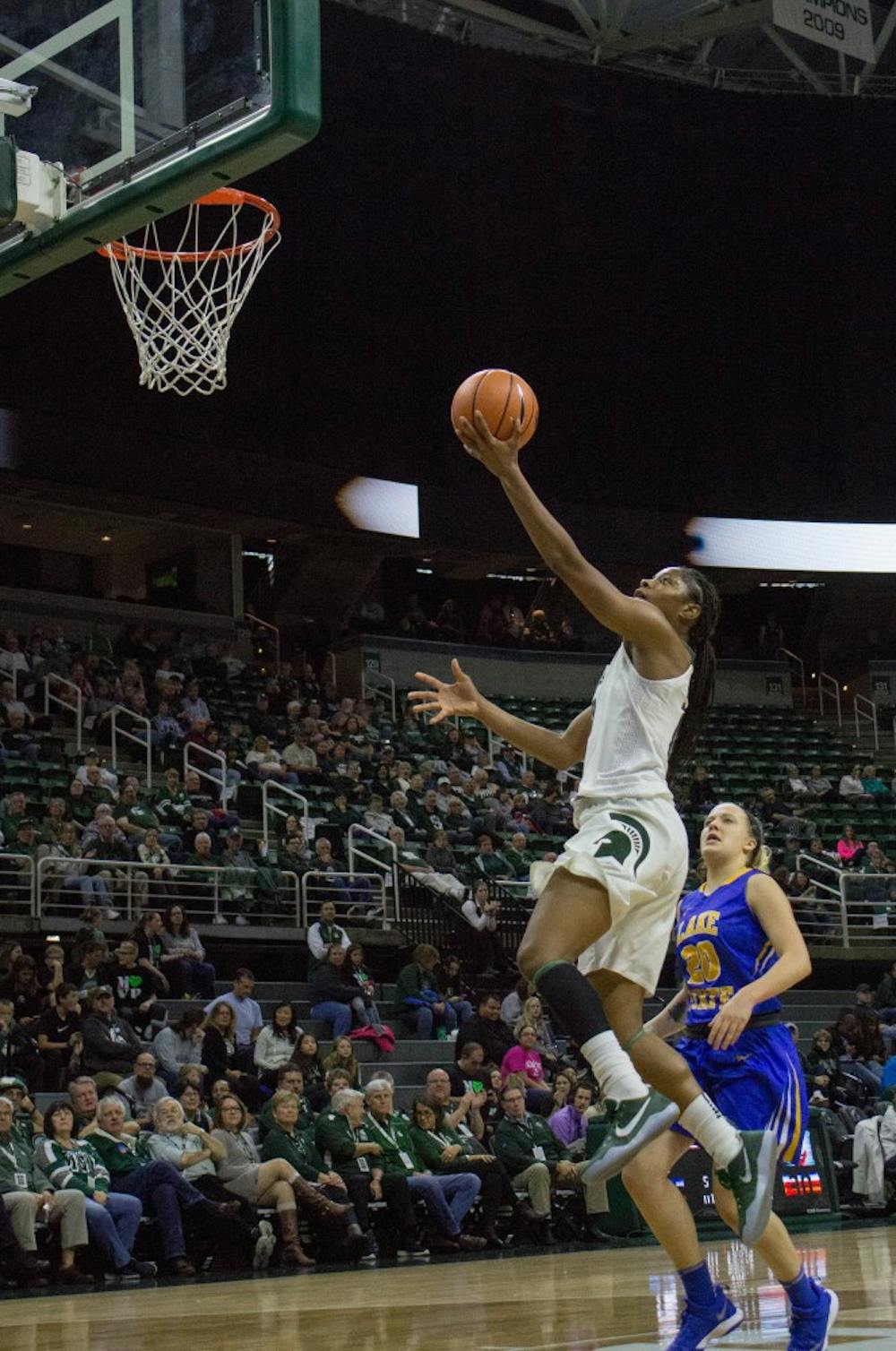 Red shirt senior guard Branndais Agee (10) takes a shot on the net during the game against Lake Superior State on Nov. 5, 2017 at Breslin Center. The Spartans defeated the Lakers 111-37.