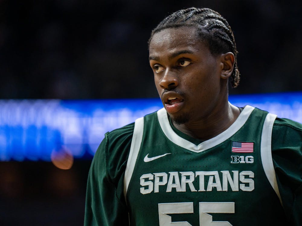 <p>Michigan State's forward and junior Coen Carr (55) faces off against San Jose State at the Breslin Center in East Lansing, Michigan on Thursday, Nov. 13, 2025.</p>