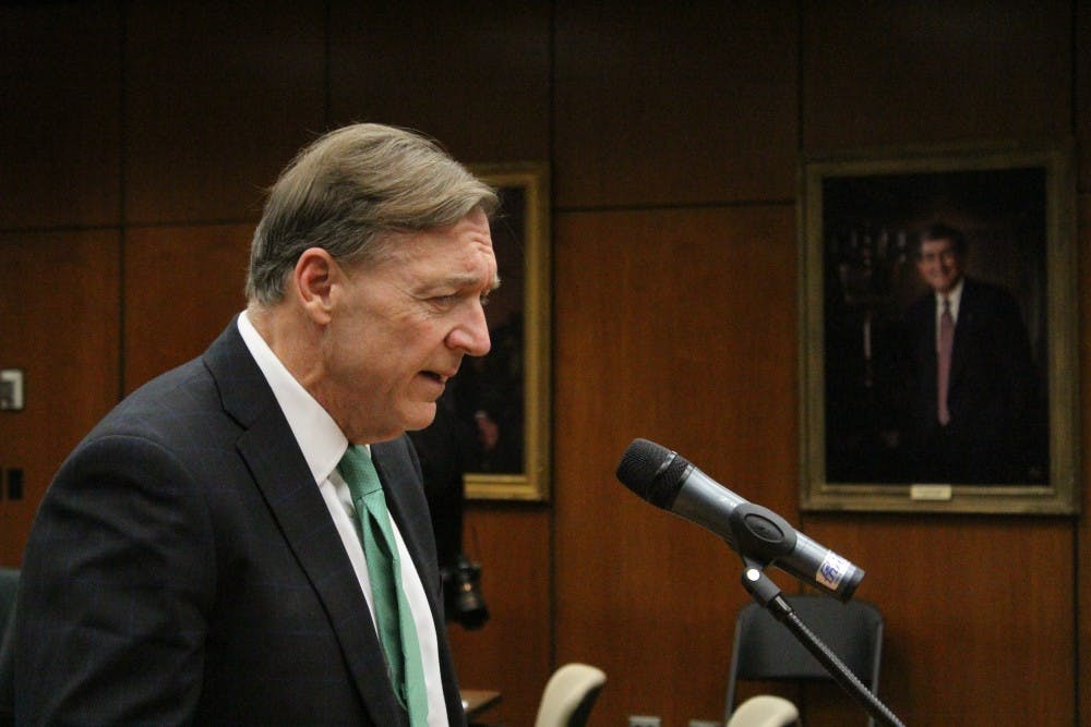 President Samuel L. Stanley addresses the media during a press conference after the Oct. 25 Board of Trustees meeting.