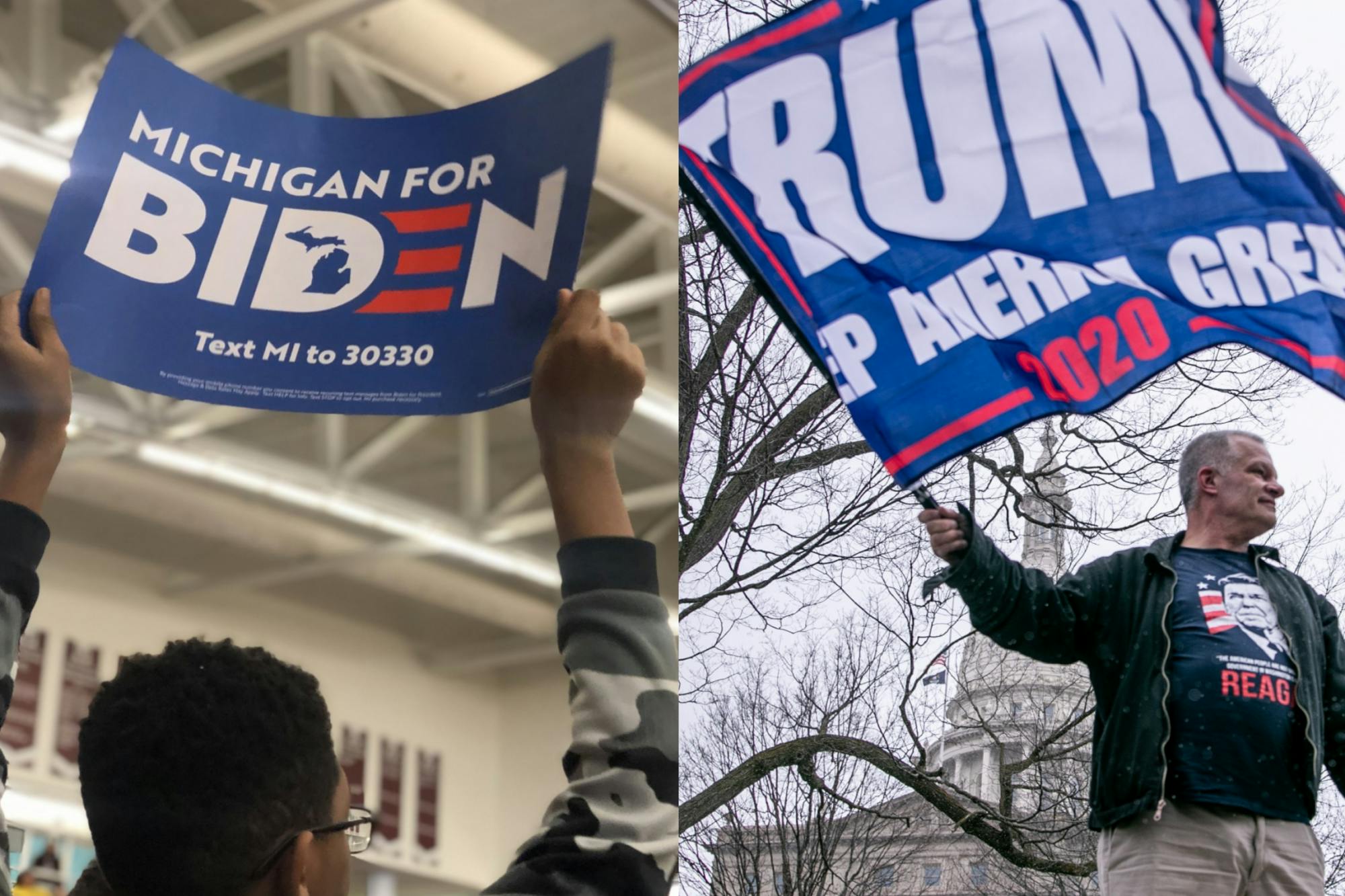 <p>A supporter of former vice president and presidential candidate Joe Biden&#x27;s campaign holds a sign at an event in Detroit (left) and a man waves a Trump flag at the Operation Gridlock protest April 15, 2020 in Lansing (right)<br/><br/><br/></p>