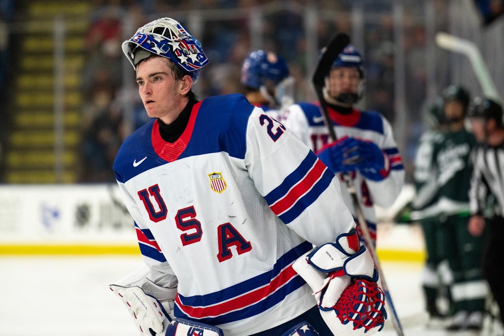 <p>Under-18 U.S. Men's National Team Development Program goaltender Patrick Quinlan (29) skates to his crease after a timeout against Michigan State at USA Hockey Arena in Plymouth, Michigan on Nov. 21, 2024. In front of a sold out crowd, the Spartans captured a convincing 6-2 victory, showcasing why they deserve their ranking of number two in the nation.</p>