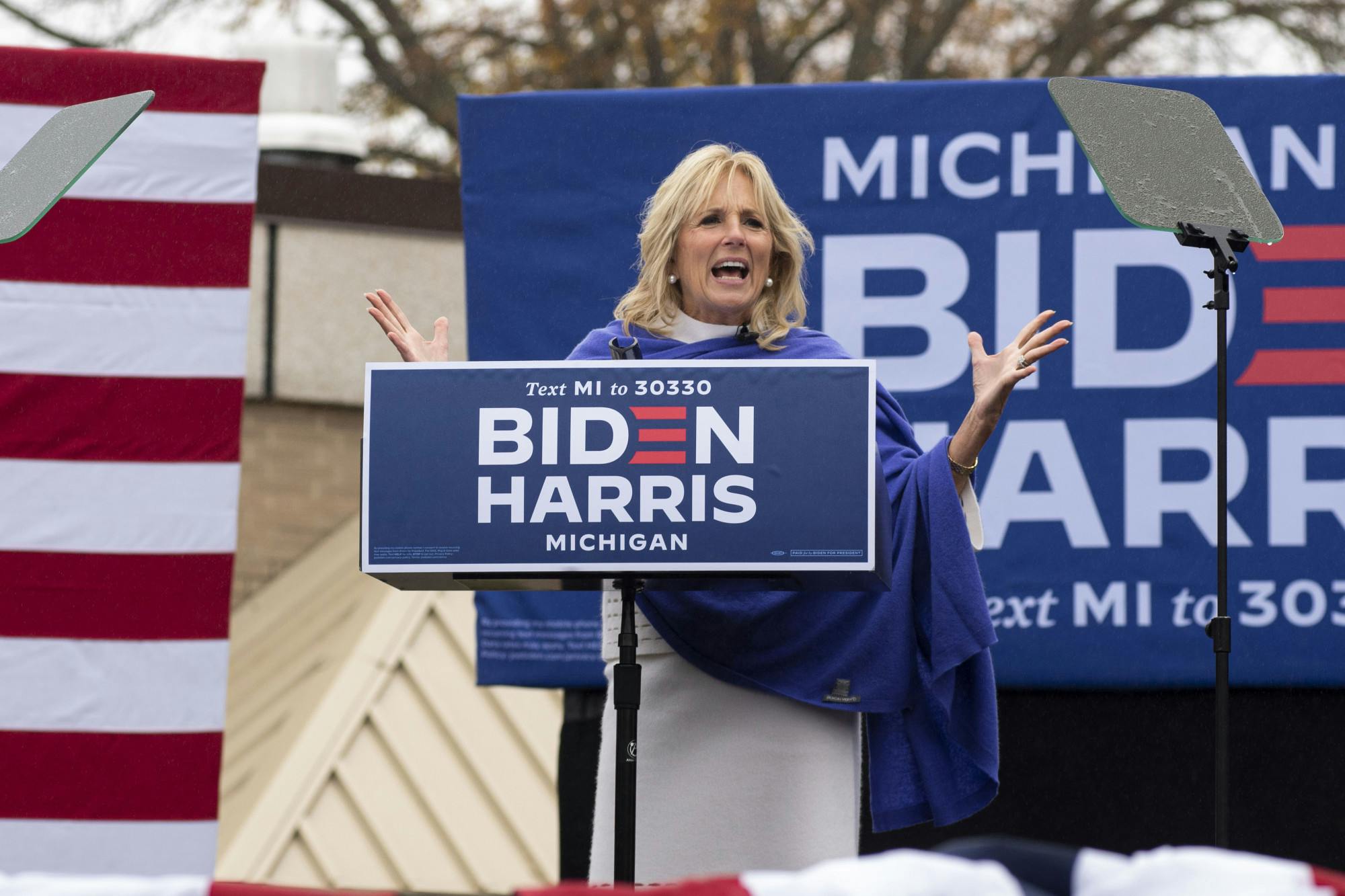 Dr. Jill Biden speaks out about topics being discussed in the presidential debate. Multiple speakers were in attendance at the Canvass Launch held at the Michigan Education Association. Shot on Oct. 29, 2020.