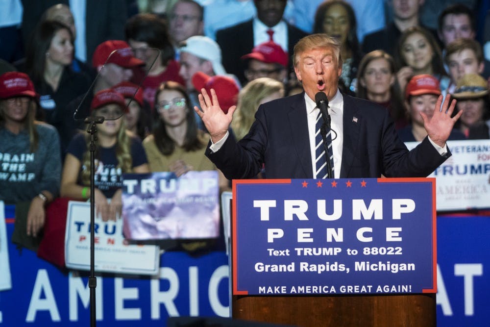 Republican presidential nominee Donald Trump gives a speech on Nov. 7, 2016 at DeVos Place Convention Center in Grand Rapids, Mich. The DeVos Place Convention Center was Trump's last stop for the 2016 election season.