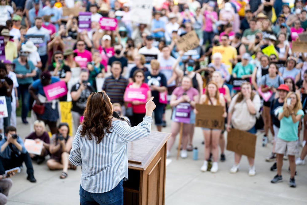 <p>Gov. Gretchen Whitmer speaks in support of abortion rights. Supporters of abortion rights gathered at the Capitol on June 24, 2022, after the overturning of Roe v. Wade.</p>