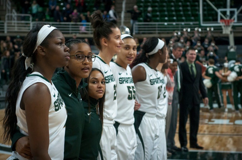 The Spartans stand together after the women's basketball game against Indiana on Feb. 2 2017 at Breslin Center. The Spartans defeated the Hoosiers 69-60.