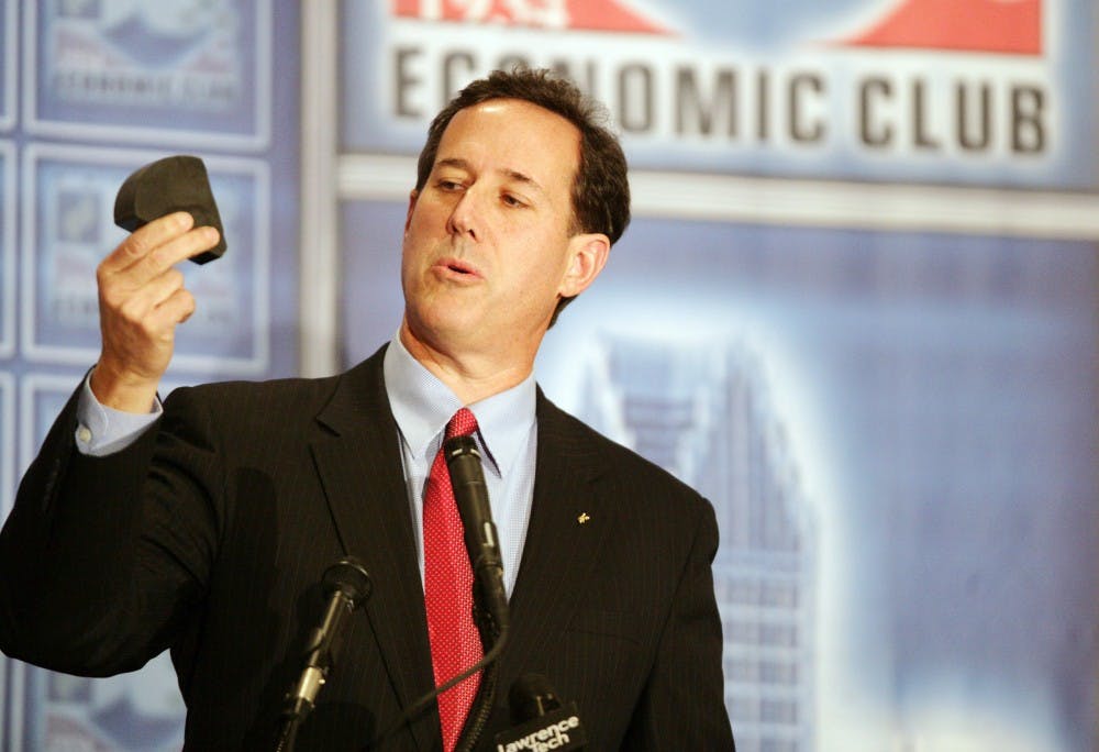 Republican presidential candidate Rick Santorum attends the Detroit Economic Club luncheon at the Cobo Center in Detroit, Michigan, on Thursday, February 16, 2012. (Andre J. Jackson/Detroit Free Press/MCT)