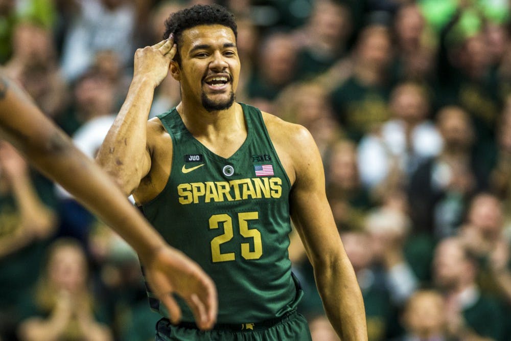 Junior forward Kenny Goins (25) reacts after making a basket during the men's basketball game against Maryland on Jan. 4, 2018 at Breslin Center. The Spartans defeated the Terrapins, 91-61. (Nic Antaya | The State News)