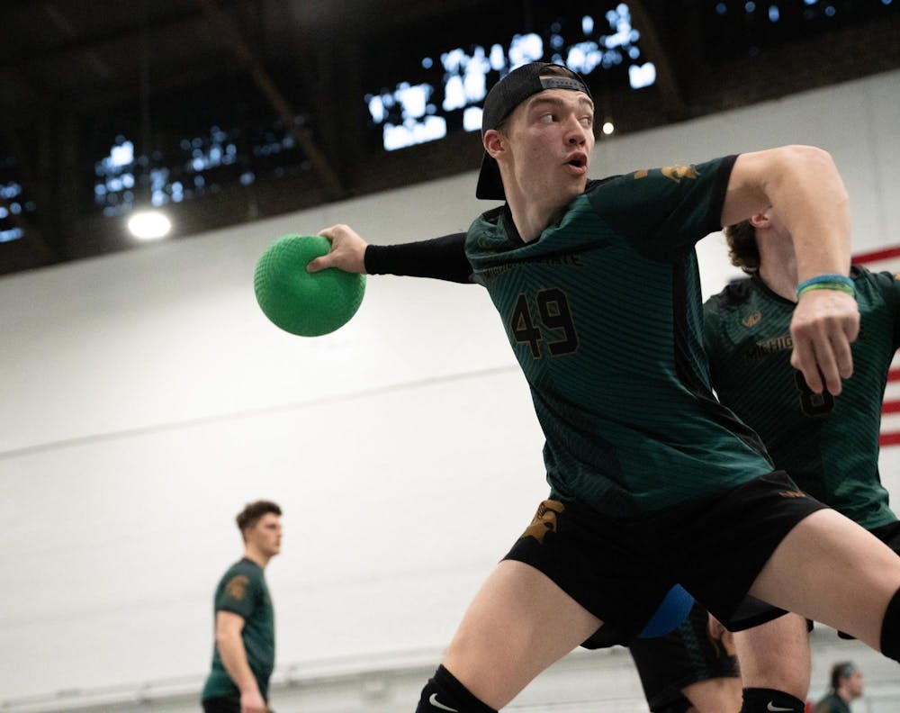 Senior Alex Edson (49) prepares to throw the ball against Grand Valley University during the 2026 Michigan Dodgeball Cup at Demonstration Hall on Feb. 21, 2026.