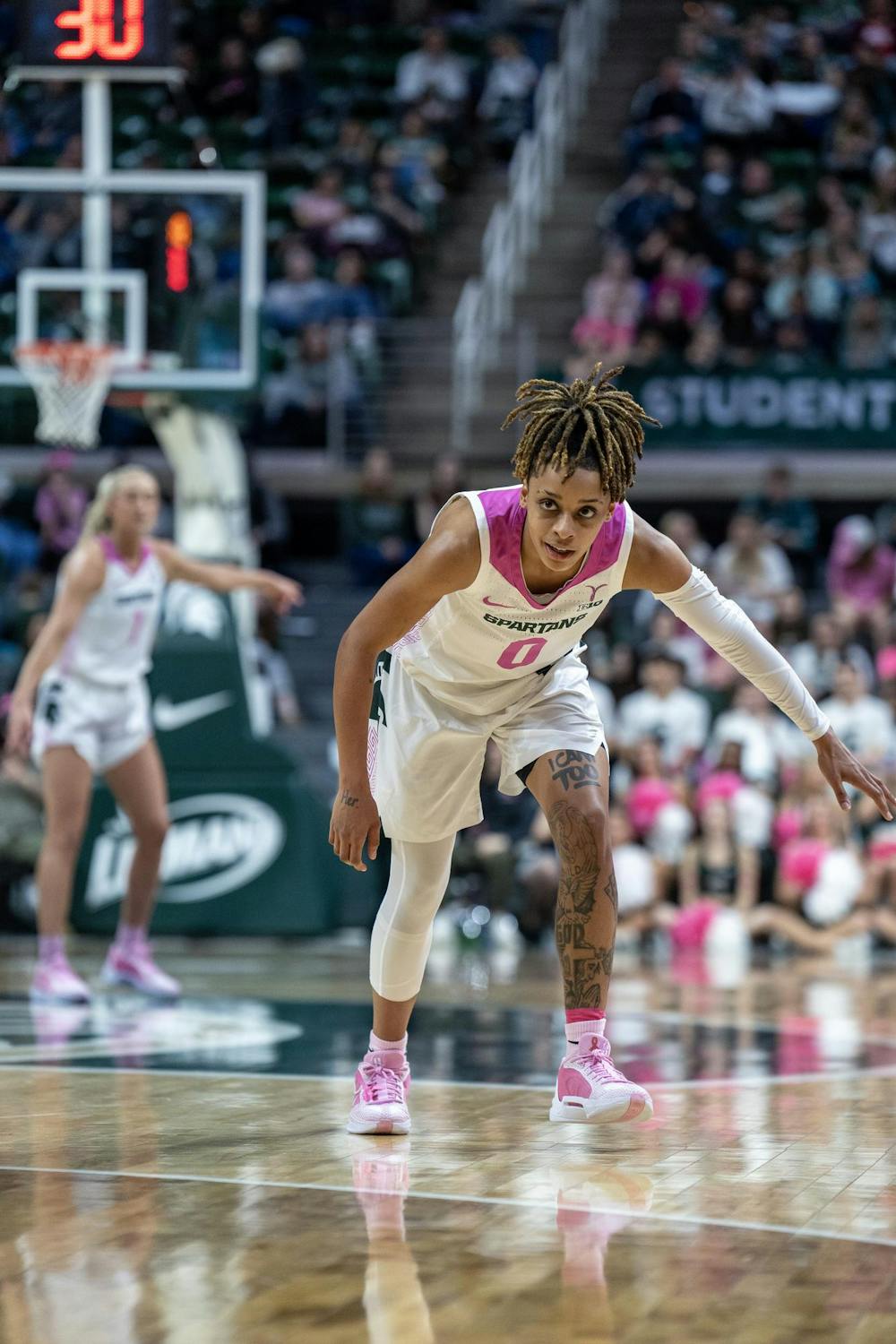 <p>Spartan junior guard DeeDee Hagemann (0) with a menacing look during a fierce game at the Breslin Center on Feb. 11, 2024. The Spartans lost to the Buckeyes 71-86.</p>