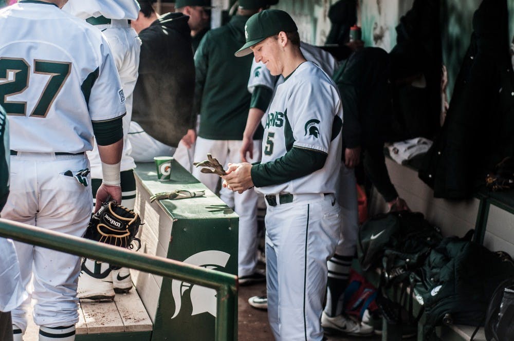 Junior infielder Jordan Zimmerman prepares for the first game on March 26, 2016 at McLane Stadium. The Spartans defeated the Scarlet Knights, 5-2. 