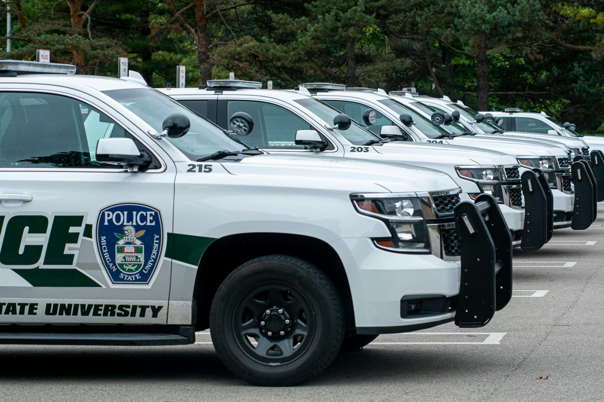 Police cars outsides Michigan State Police Department on Oct. 12, 2021.