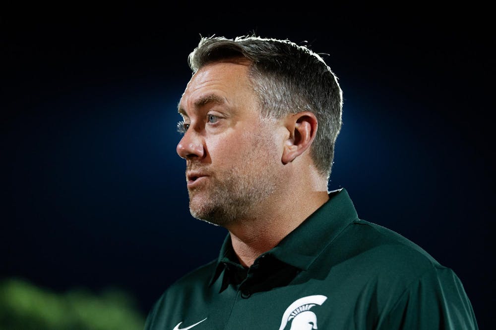 <p>Michigan State head women's soccer coach Jeff Hosler talks to the media after their 2-0 win over Xavier University in DeMartin Stadium in East Lansing, Mich., on Aug. 12, 2026.</p>