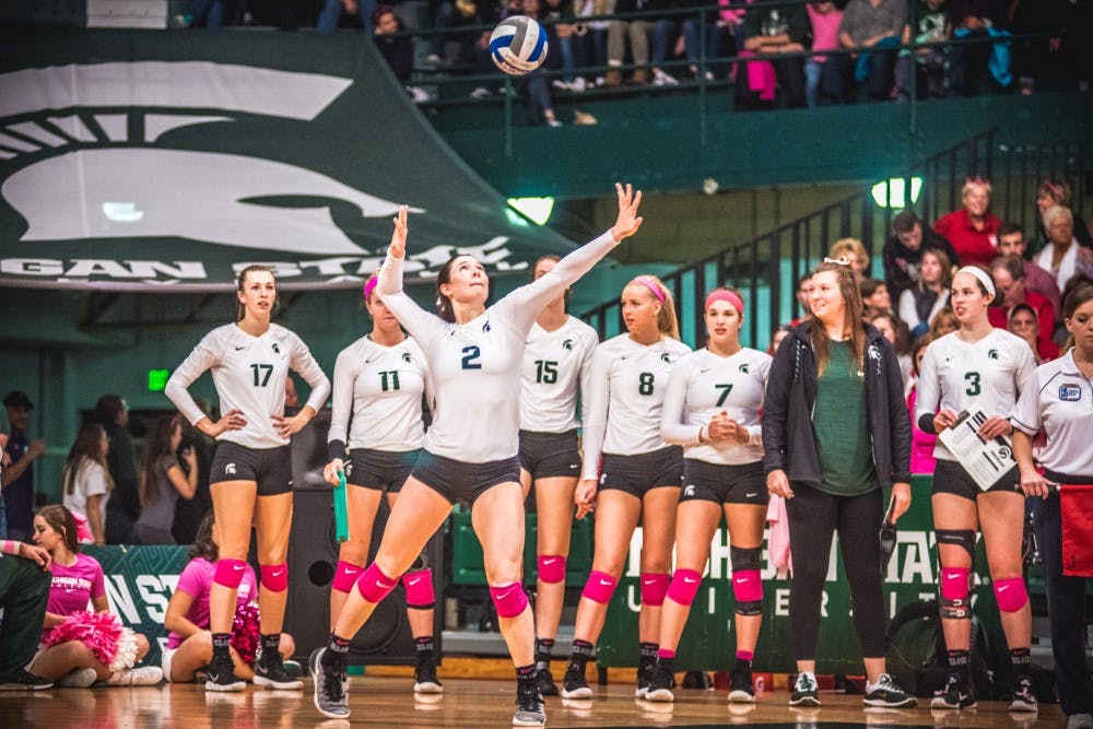 Red shirt senior outside hitter Autumn Bailey (2) serves the ball during the game against Nebraska on Oct. 27, 2017, at Jennison Fieldhouse. The Spartans were defeated by the Cornhuskers, 3-1.