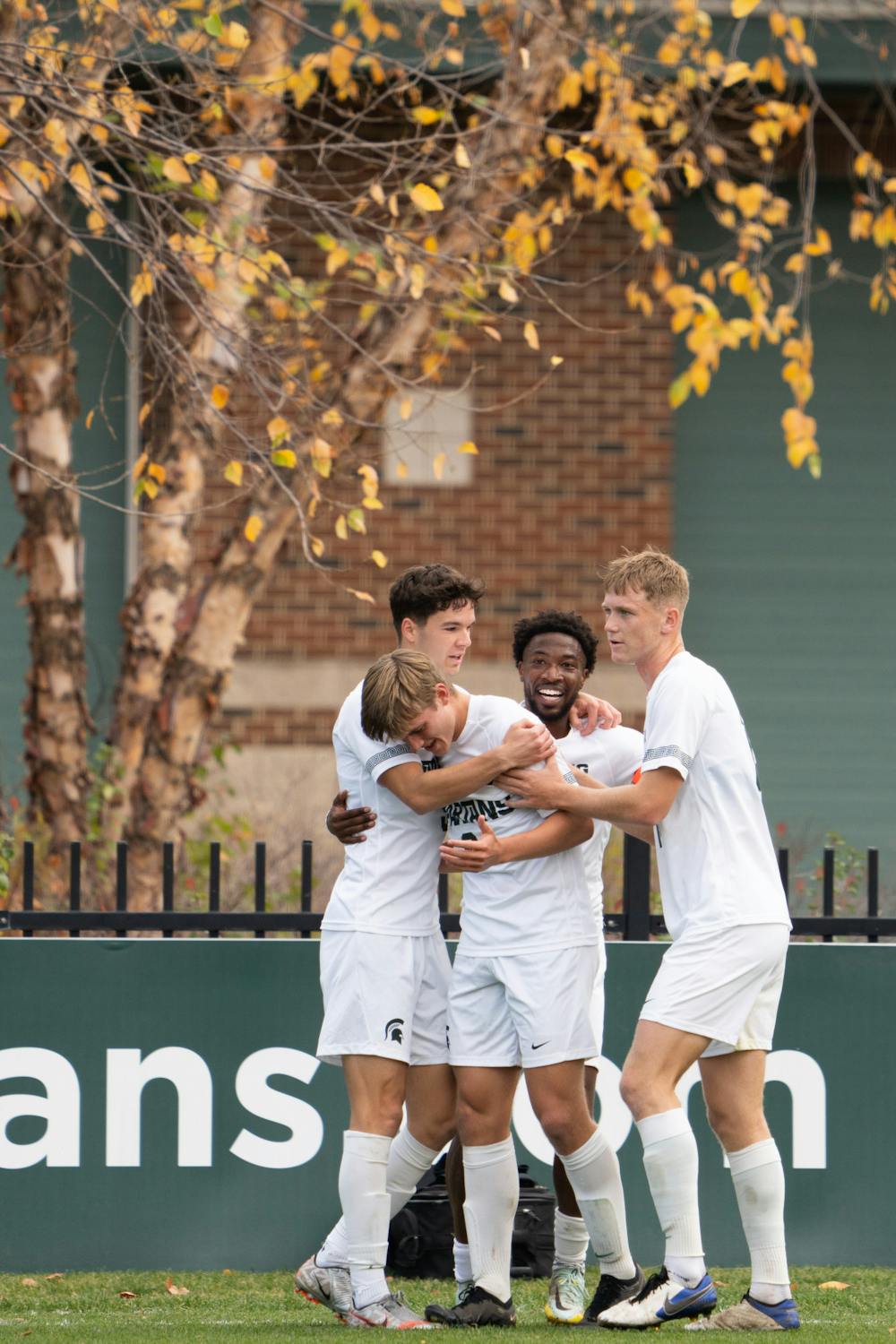 MSU Men’s Soccer celebrates after freshman forward Jonathan Stout (6) scores during first half of a game against Northwestern at DeMartin Stadium on Oct. 30, 2022. The Spartans lost to the Wildcats with a score of 2-1. 