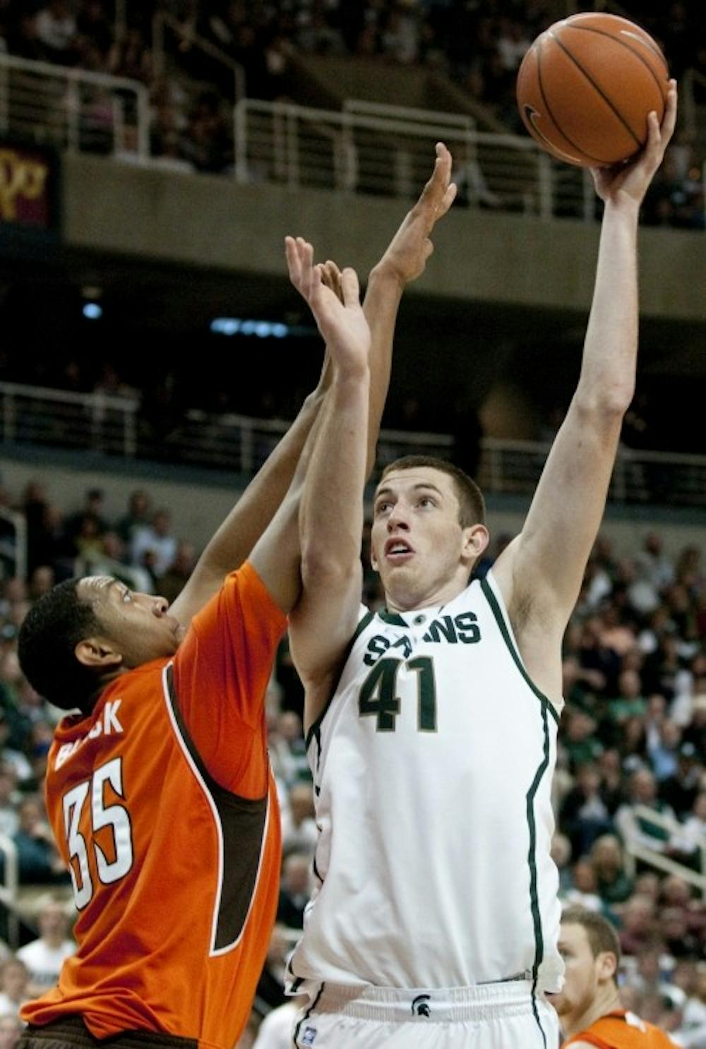 <p>Then-sophomore forward Garrick Sherman goes up for a shot against Bowling Green Dec. 4, 2010 at Breslin Center. Josh Radtke/The State News</p>