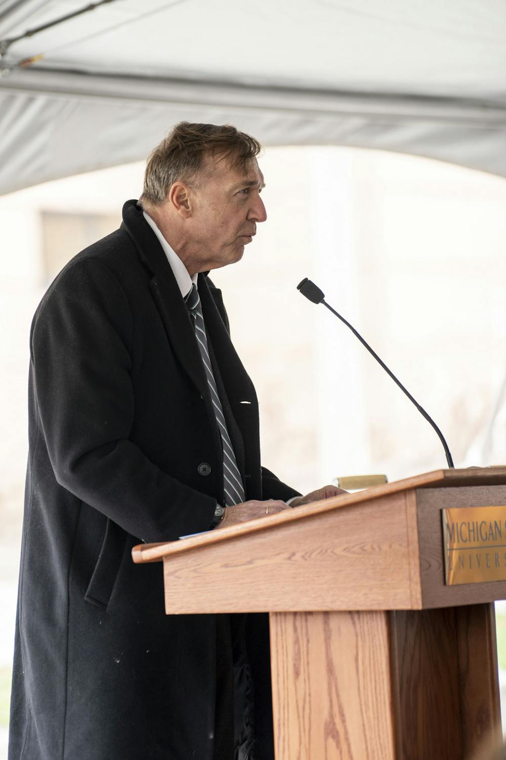 MSU President Samuel L. Stanley Jr. speaking at the ground breaking for the new Packaging Building on MSU's campus on April 19, 2022.