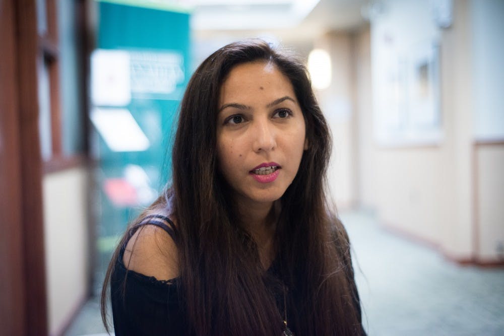 <p>Sara Bano, a doctoral student who is originally from Pakistan, shares her opinion about education in the MSU International Center on June 9, 2017. Bano came to MSU in 2011 as a Fulbright Scholar and currently studies higher education administration.</p>