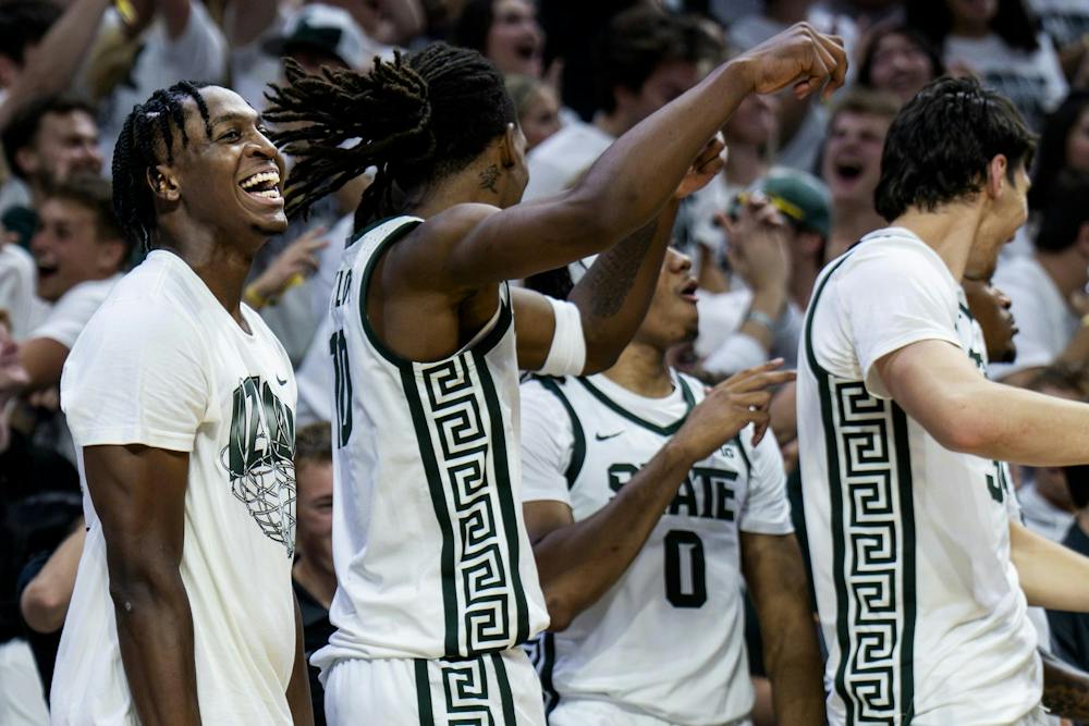 <p>Michigan State forward Cam Ward (3) celebrates after a dunk during the Michigan State vs. Incarnate Word men's basketball exhibition game at Breslin Center in East Lansing, Mich., on Friday, Oct. 2, 2026.</p>