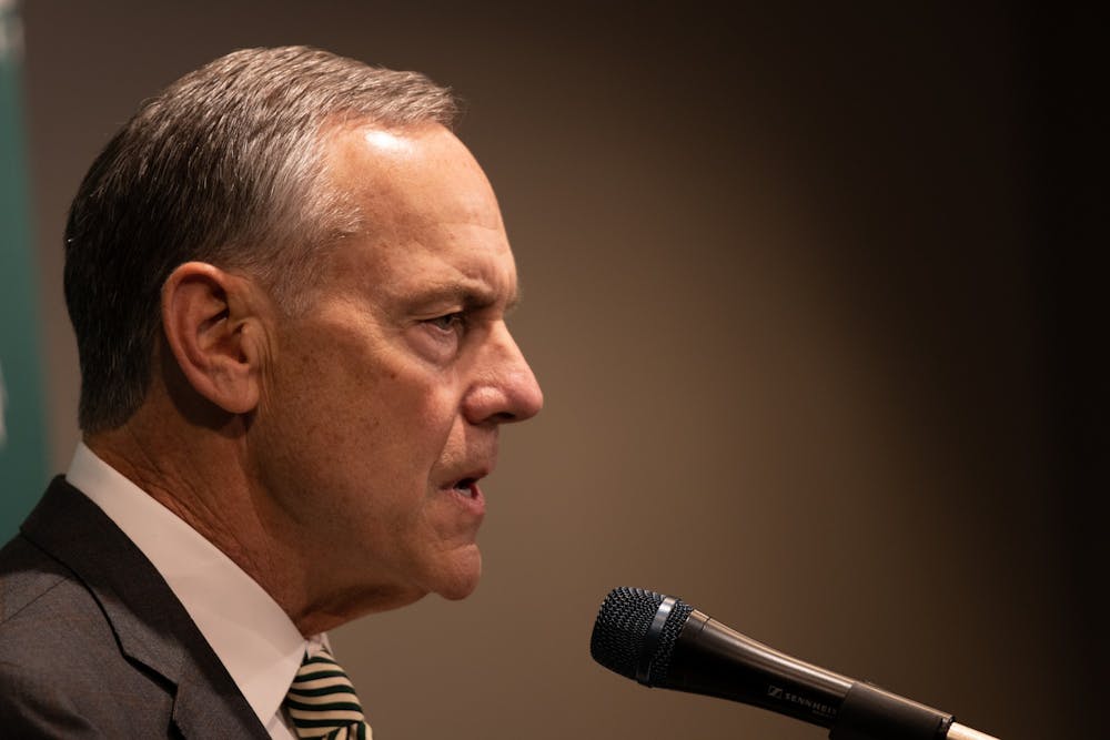 <p>Mark Dantonio speaking during a retirement press conference at the Breslin Center on Feb. 4, 2020.</p>