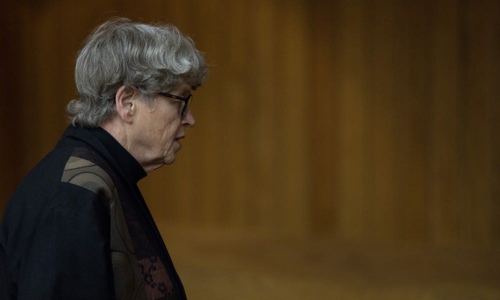 <p>Former Michigan State University President Lou Anna K. Simon appears at a preliminary hearing at Eaton County District Court on April 16, 2019. Simon is charged with four counts of lying to a peace officer, including two felonies.</p>
