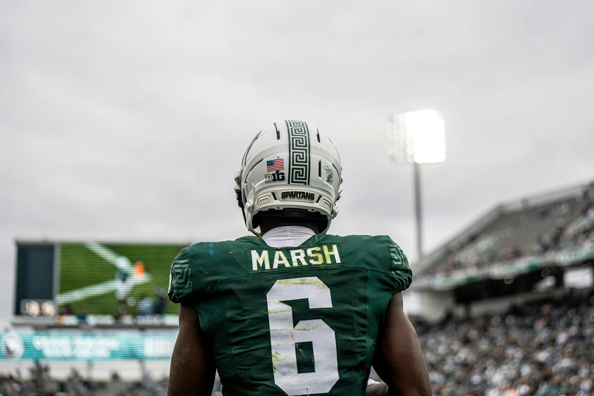 MSU Nick Marsh RB (6) scores a touchdown and looks to his team in East Lansing, MI on Oct. 11, 2025