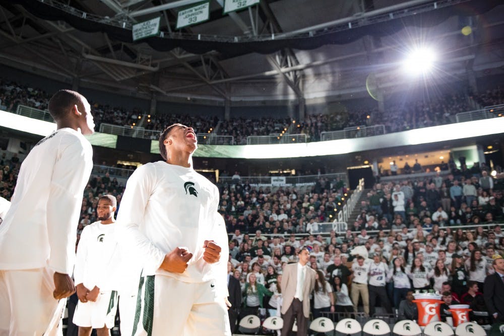 Freshman guard and forward Miles Bridges (22) expresses emotion before the men's basketball game against Purdue on Jan. 24, 2017 at Breslin Center. The Spartans were defatted by the  Boilermakers, 84-73.