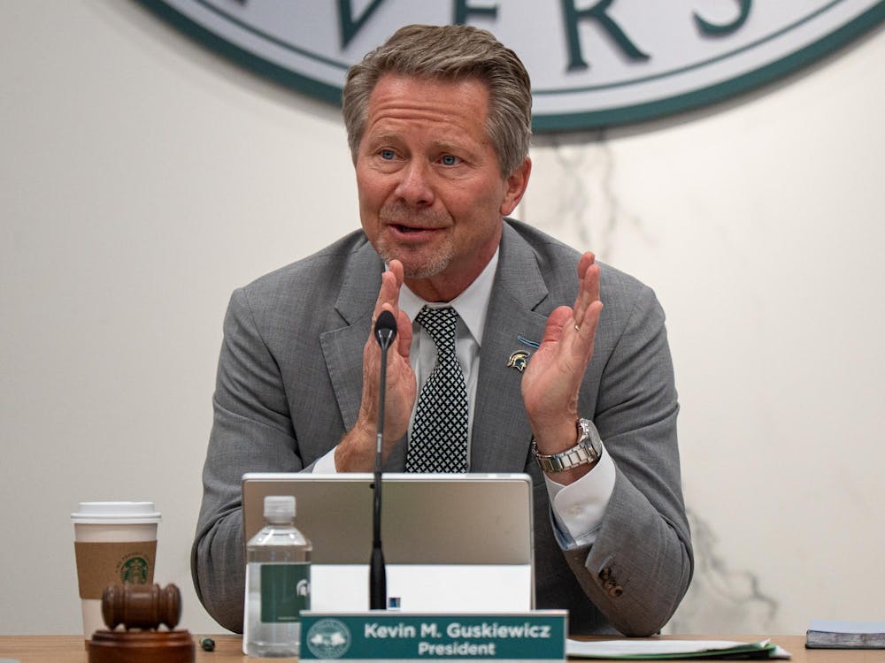Michigan State University President Kevin Guskiewicz claps after a announcing a 47M donation to the School of Packaging earlier this week at Hannah Administration Building in East Lansing, Michigan on Friday, April 10, 2026. 