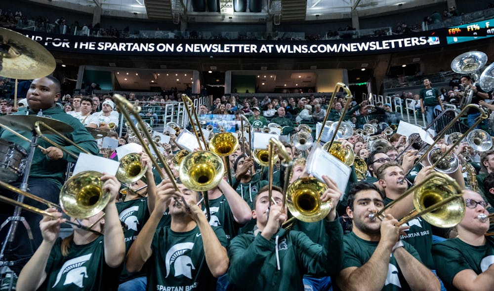 The Spartan band plays during a men's basketball game against Villanova at the Breslin Center on Nov. 18, 2022. The Spartans defeated the Wildcats 73-71. 