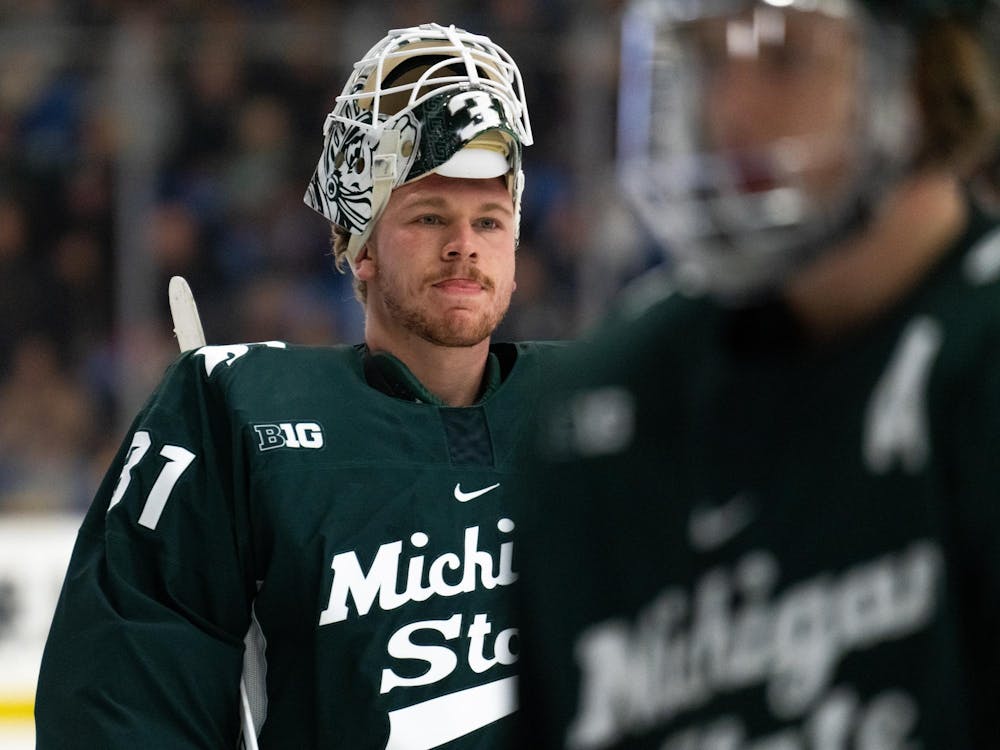 <p>Michigan State sophomore goaltender Luca Di Pasquo (31) during an exhibition game against the under-18 U.S. Men's National Team Development Program at USA Hockey Arena in Plymouth, Michigan on Nov. 21, 2024. In front of a sold out crowd, the Spartans captured a convincing 6-2 victory, showcasing why they deserve their ranking of number two in the nation.</p>