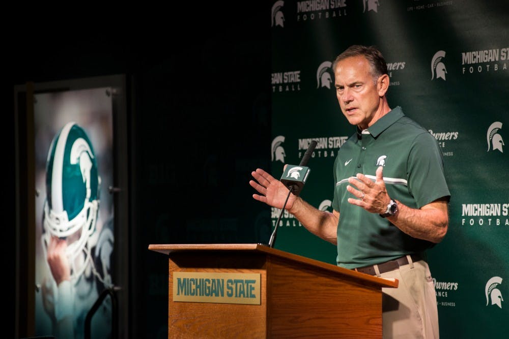 Head coach Mark Dantonio responds to a question from the media during Media Day on Aug. 8, 2016 at Spartan Stadium. Media Day allowed for the media to converse with the team's coaches and players.