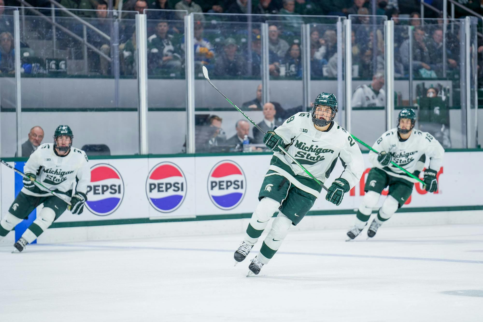 <p>Freshman forward Gavin O’Connell (29) during a game against Canisius at Munn Ice Arena on Oct. 19, 2023. The Spartans beat the Griffins 6-3 in one of a two-game series.</p>