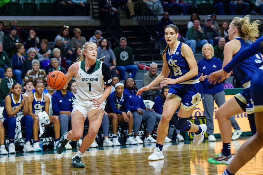 <p>Senior guard Tory Ozment (1) drives to the basket during a game against Georgia Tech, held at the Breslin Center on Dec. 1, 2022. The Spartans fell to the Yellow Jackets 63-66.</p>