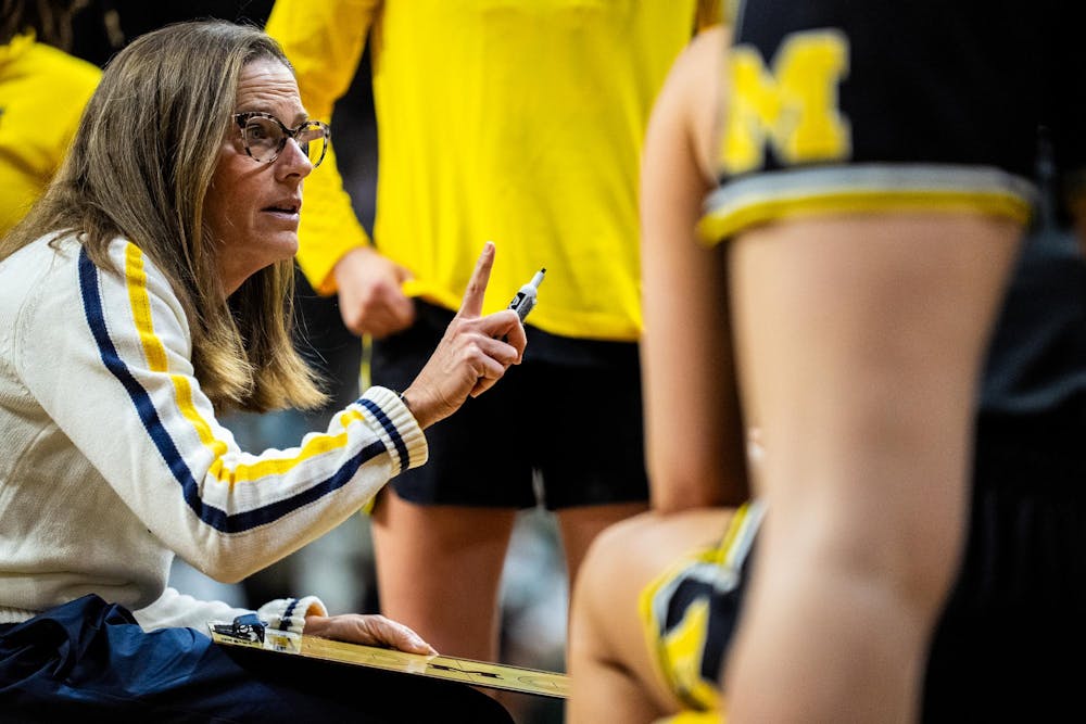 Michigan Wolverines head coach Kim Barnes Arico during the women’s rivalry matchup at the Breslin Student Events Center in East Lansing, Mich., on Sunday, Feb. 1, 2026.