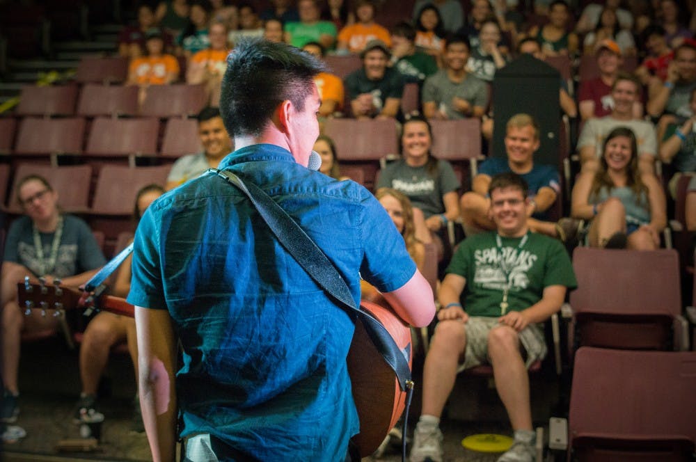 2016 StandUp NBC Finalist JR Guzman performs a set during the UAB hosted comedy night on Sept. 22, 2017, at the Business College Complex. Ismael Loutfi and Guzman visited MSU as part of their tour together.