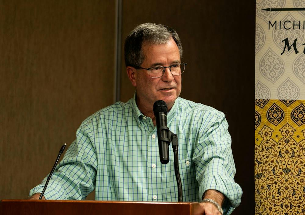 <p>Former Dean of International Studies Jeffrey Reidinger gives a speech during the 20th anniversary celebration of the Muslim Studies program inside the MSU International Center in East Lansing, Mich., on Friday, Sept. 18, 2026.</p>