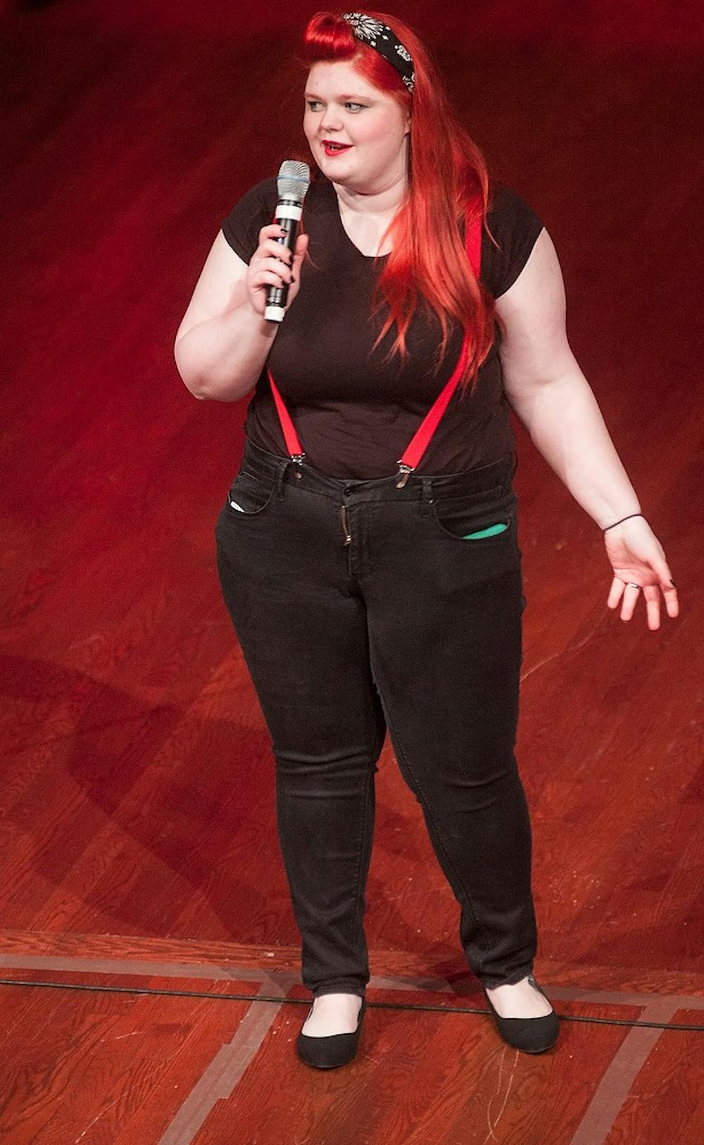 <p>Arts and humanities sophomore Kristi Pollum performs Feb. 27, 2015, during "The Vagina Monologues" at the Wharton Center, 750 East Shaw Lane. The show was originally written by Eve Ensler, and was directed at MSU by media and information senior Laura E. Swanson and Janelle Moulding. Alice Kole/The State News</p>