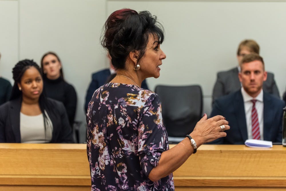 <p>Judge Rosemarie Aquilina teaches a class at the MSU College of Law on Oct. 15, 2019. </p>