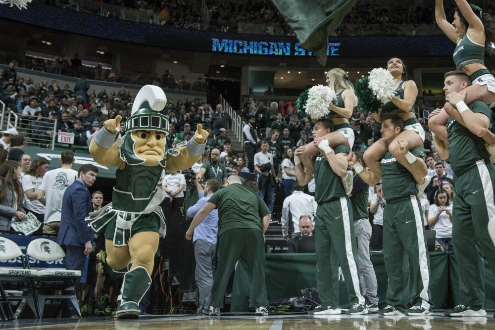Sparty enters the court before the men's basketball game against Ohio State at Breslin Center on Feb. 17, 2019. The Spartans defeated the Buckeyes, 62-44. Nic Antaya/The State News