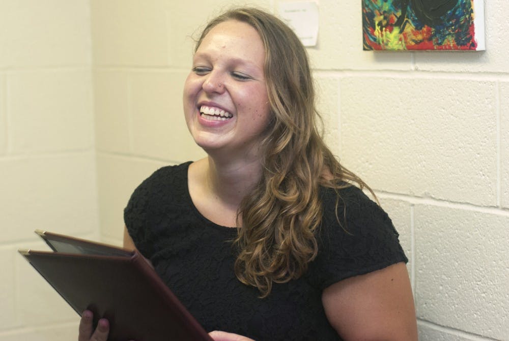 Sophomore Rebecca Roberts practices in the hall before her audition for the State of Fifths co-ed acapella group on Wednesday, Sept. 5, 2012.  Audition were held at the Music building for all students. James Ristau/The State News