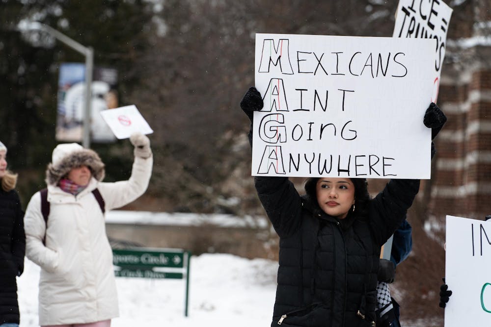 <p>Students gather to protest ICE at Michigan State's Spartan Statue in East Lansing, Michigan on Thursday, Jan. 29, 2026.</p>